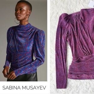 NWT Sabina Musayev Satin Pleated Puff Shoulder Ruched Top LARGE Party Cocktail